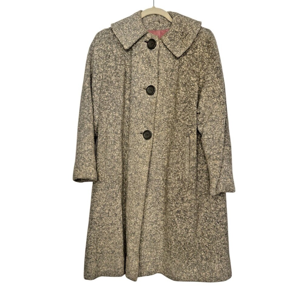 Vintage Women's Large beige Fleck Tweed Wool Blend Car Coat Swing Pockets USA